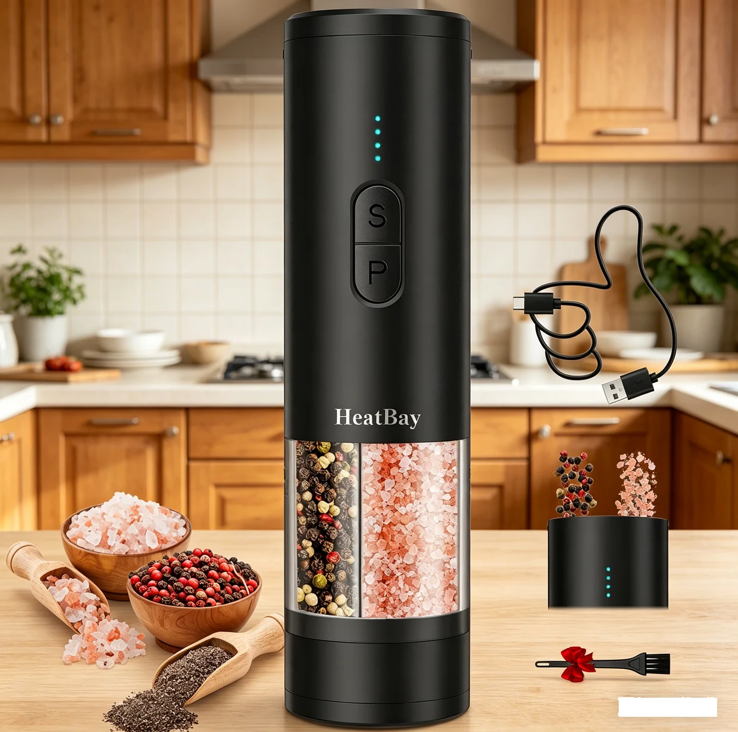 

2 in 1 Electric Salt and Pepper Mill Type C Rechargeable LED Light Adjustable Coarseness One Touch Spice Grinder