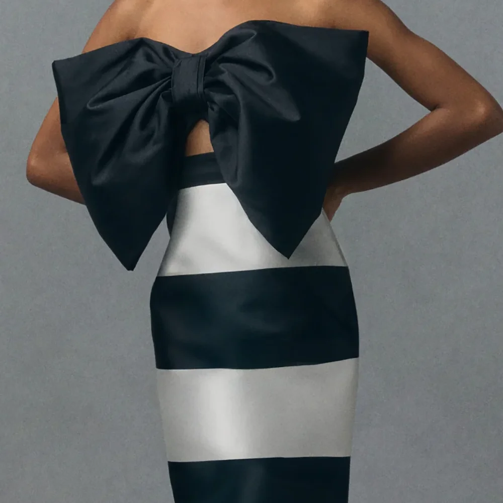 モダンなストラップレスボウノースリーブコントラストカラーストレートフォーマルイブニングドレス誕生日パーティープロムドレスカスタマイズ