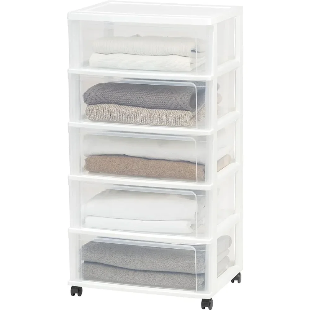 5-Drawers, for Classroom Art Craft Supplies Dresser Closet Bathroom Dorm Bedroom Laundry Room, Wide, White/Clear