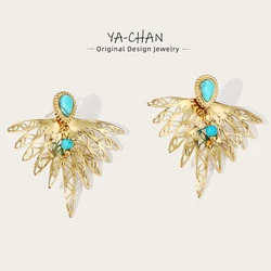 YACHAN 18K Gold Plated Stainless Steel Stud Earrings Geometric Hollow Metal Texture Natural Stone Earring Trendy Jewelry Gift