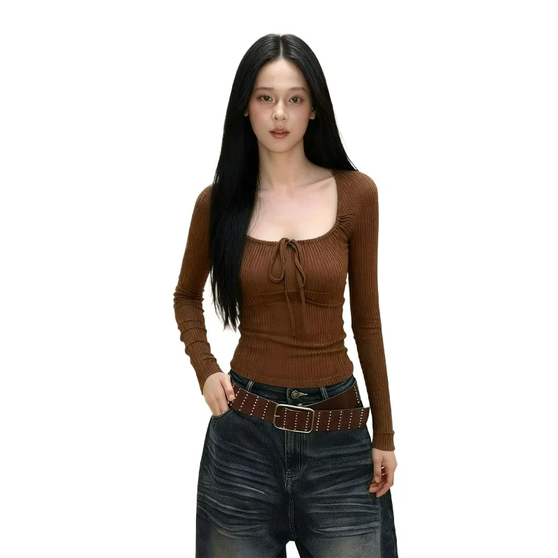 

Женская трикотажная футболка с длинными рукавами на шнуровке в американском стиле Spice Girl, осень 2026, новый дизайн, топ с квадратным вырезом и внутренним базовым слоем