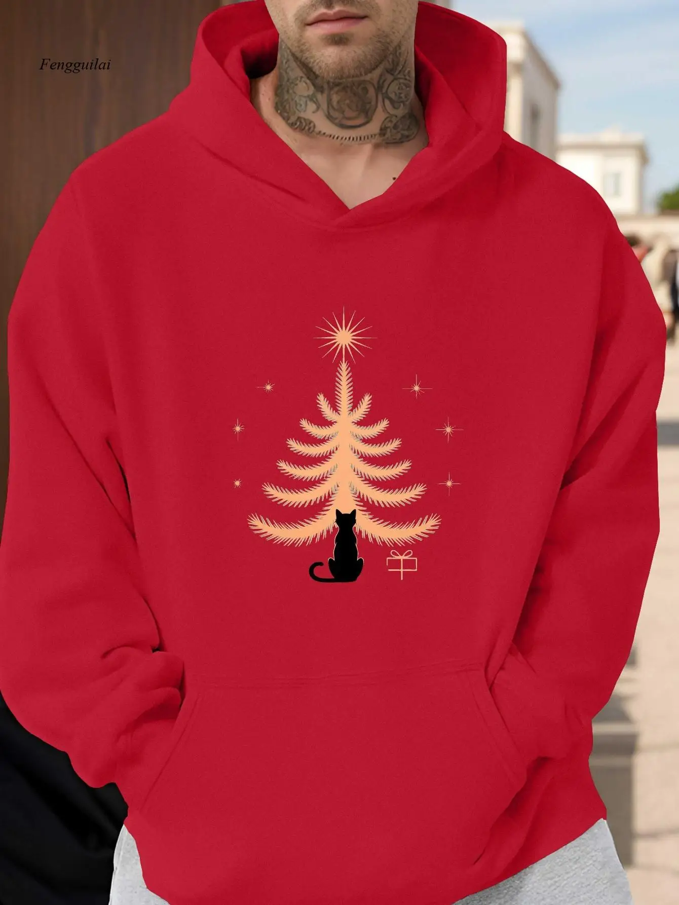 Christmas Cat & Tree Print Hooded Sweatshirt - Oversized Relaxed Fit Black Sweater with Golden Glittery Fir Tree & Cat Design