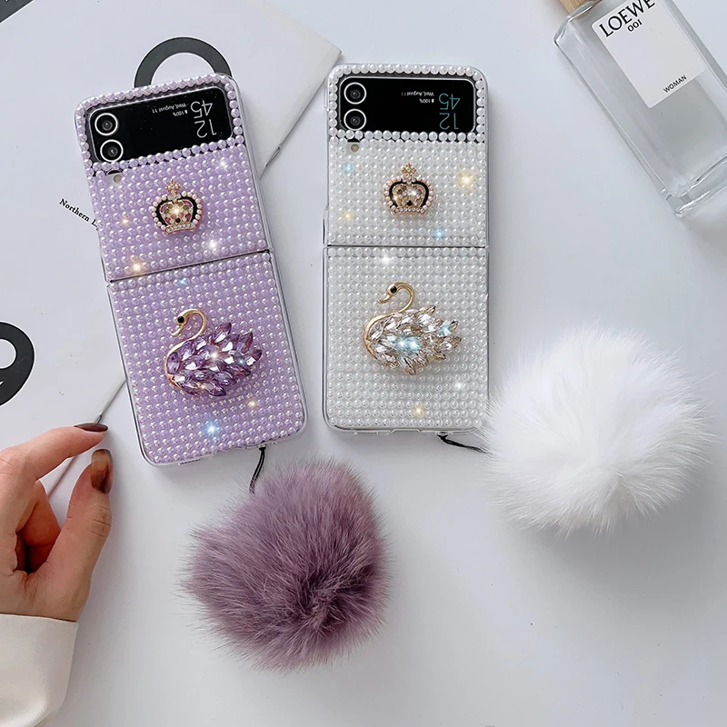 

Case For Samsung Galaxy Z Flip 4 Z Flip 3 DIY Sparkling Pearl Crown Swan Hard Mobile Phone Case Cover