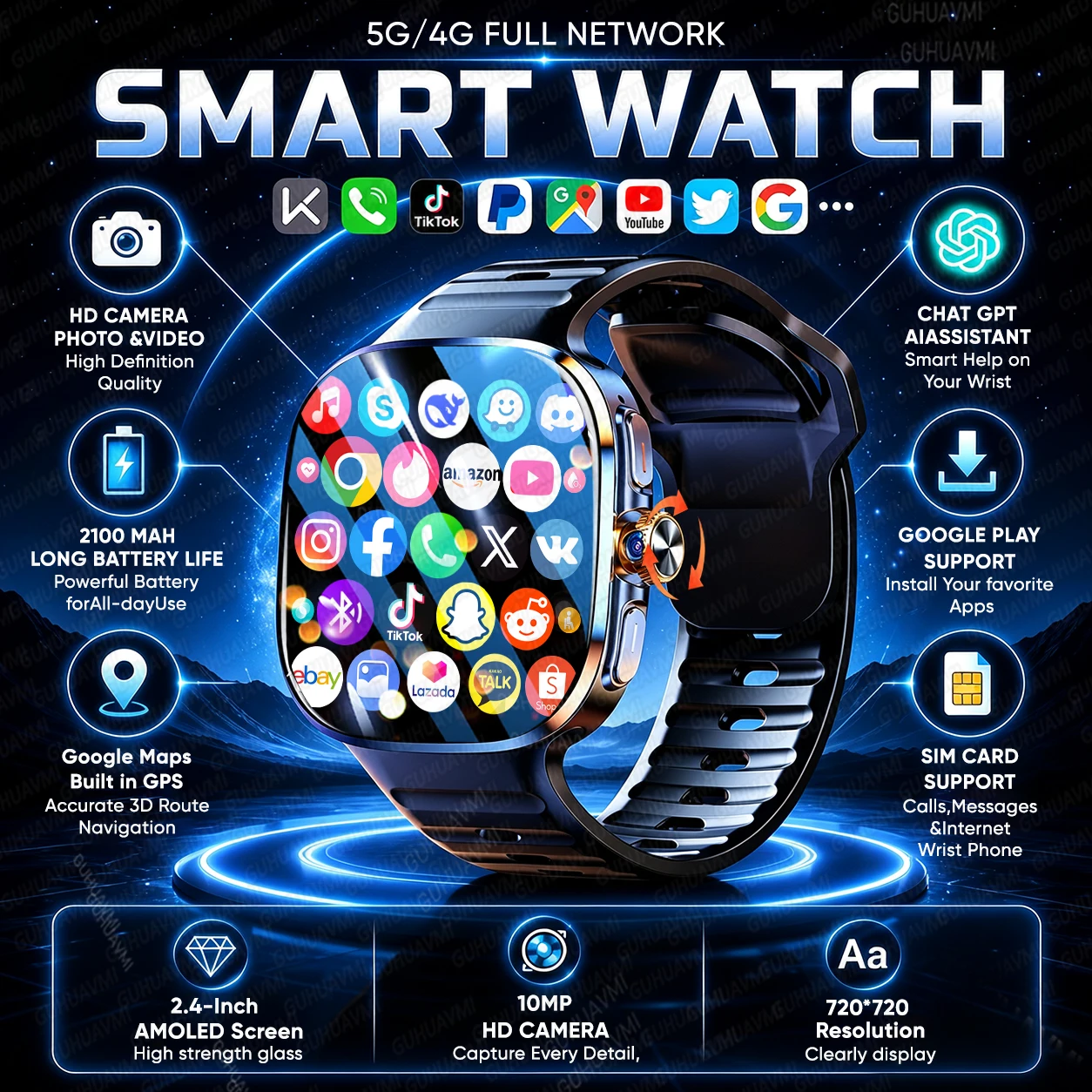 New 5G/4G Full Network Smart Watch WIFI GPS Video Call 8+128GB RAM Google Play  2.4" AMOLED Screen 2100mAh Smartwatch Mini Phone