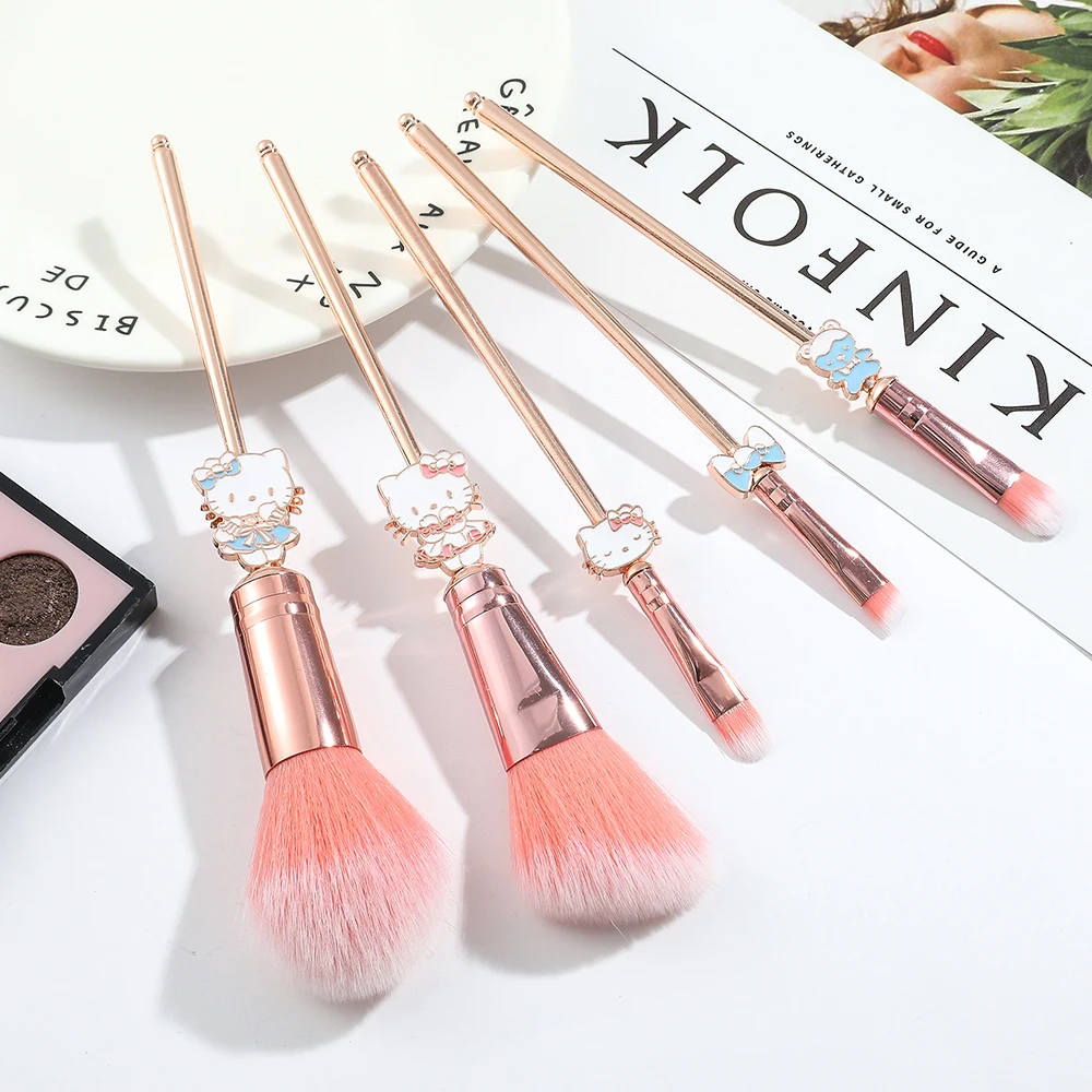 مجموعة فرش مكياج هالو كيتي مكونة من 5 قطع مع حقيبة مستحضرات تجميل وردية لطيفة - هدية مثالية للفتيات، #6