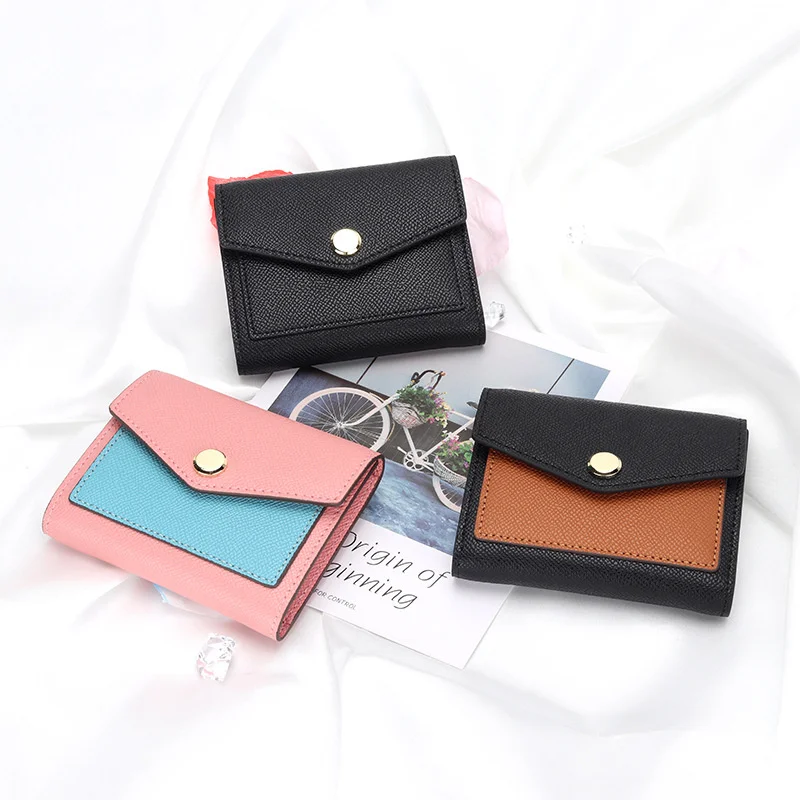 Full Saffiano Leather Short Wallet Women's Korean Contrast Color Triple Folding Wallet Ladies Snap Card Wallet