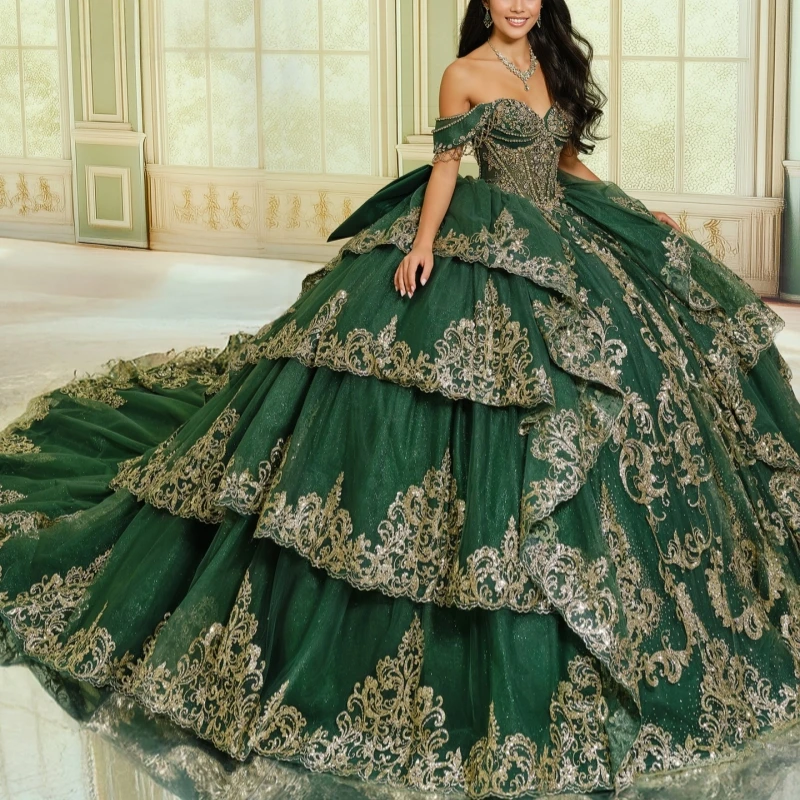 

Green Shiny Quinceanera Dresses Ball Gown Off The Shoulder Applique Lace Beads Bow Tull Corset Party Birthday Sweet 16 Dress Ves