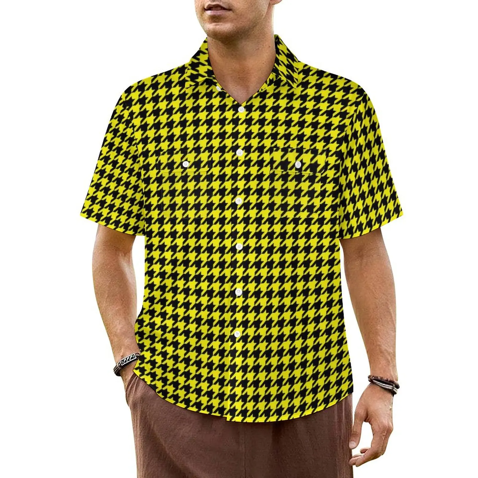 

Elegant Houndstooth Casual Shirt Black and Yellow Retro Hawaiian Shirts Man Short Sleeve Beach Harajuku Design Oversized Blouses