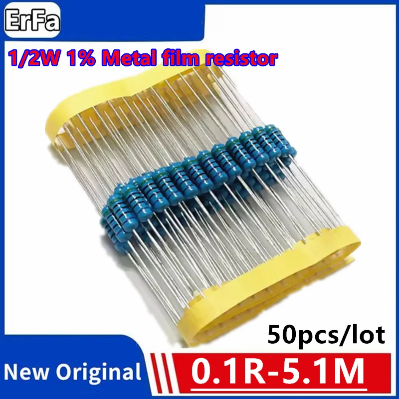 

50pcs 1/2W Metal film resistor 1% 1R 2R 10R 100R 220R 330R 1K 1.5K 2.2K 3.3K 4.7K 10K 22K 47K 100K 1M 100 220 330 ohm 0.1R~5.6M