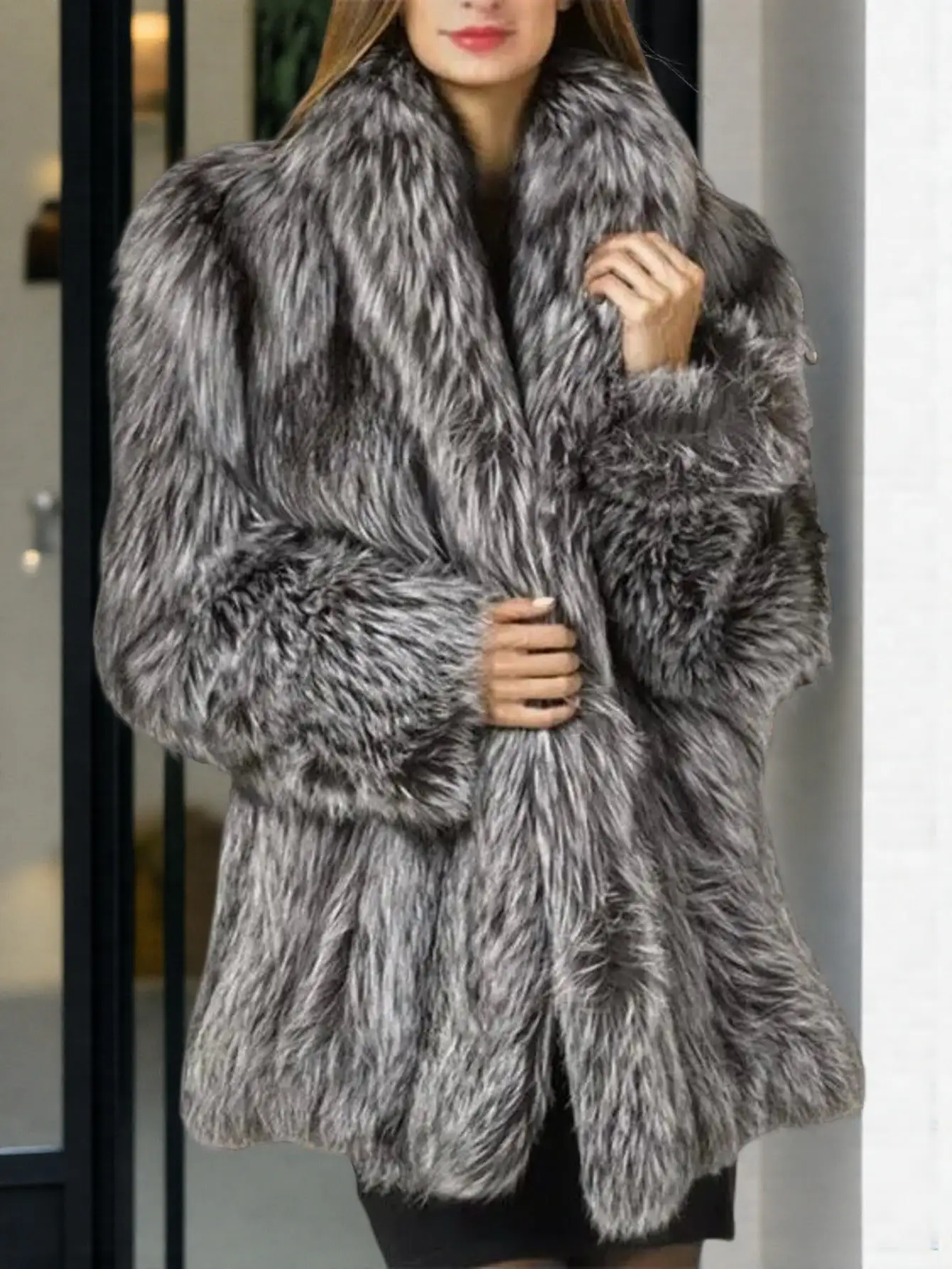 

Women's Silver Gray Faux Fur Jacket with Turn-Down Collar, Loose Fit, Mid-Length, Pockets