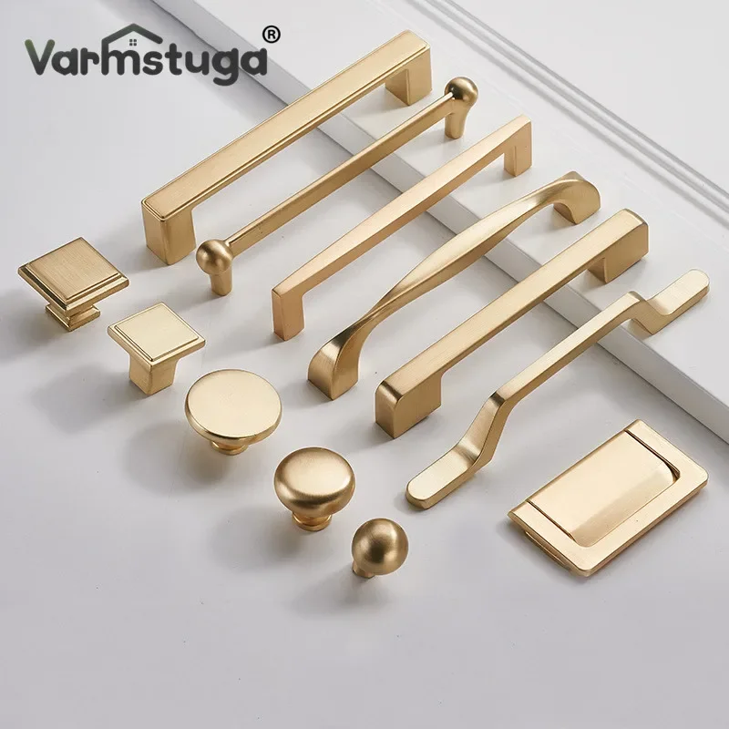 VARMSTUGA European Simple Light Luxury Bright Gold Kitchen Cabinet Door Handles Zinc Alloy Drawer Pulls Wardrobe Handle Hardware