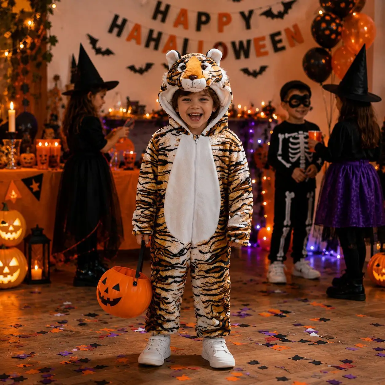 Unisex Tiger Animal Jumpsuit Onesie Kids Hooded Flannel Soft Warm Outfit Halloween Party Stage Performance Holiday Daily Wear