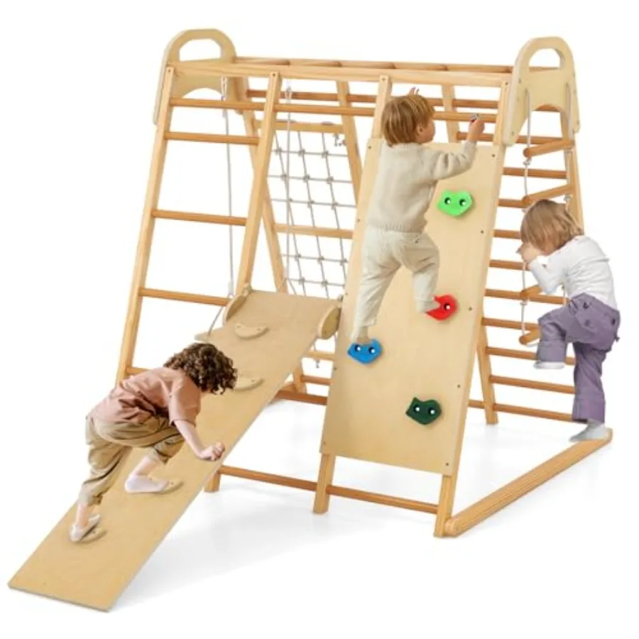 

Indoor Jungle Gym 8 in 1 Montessori Indoor Playground Climbing Playset for Toddlers with Slide Swing Net Monkey Bars Rope Ladde