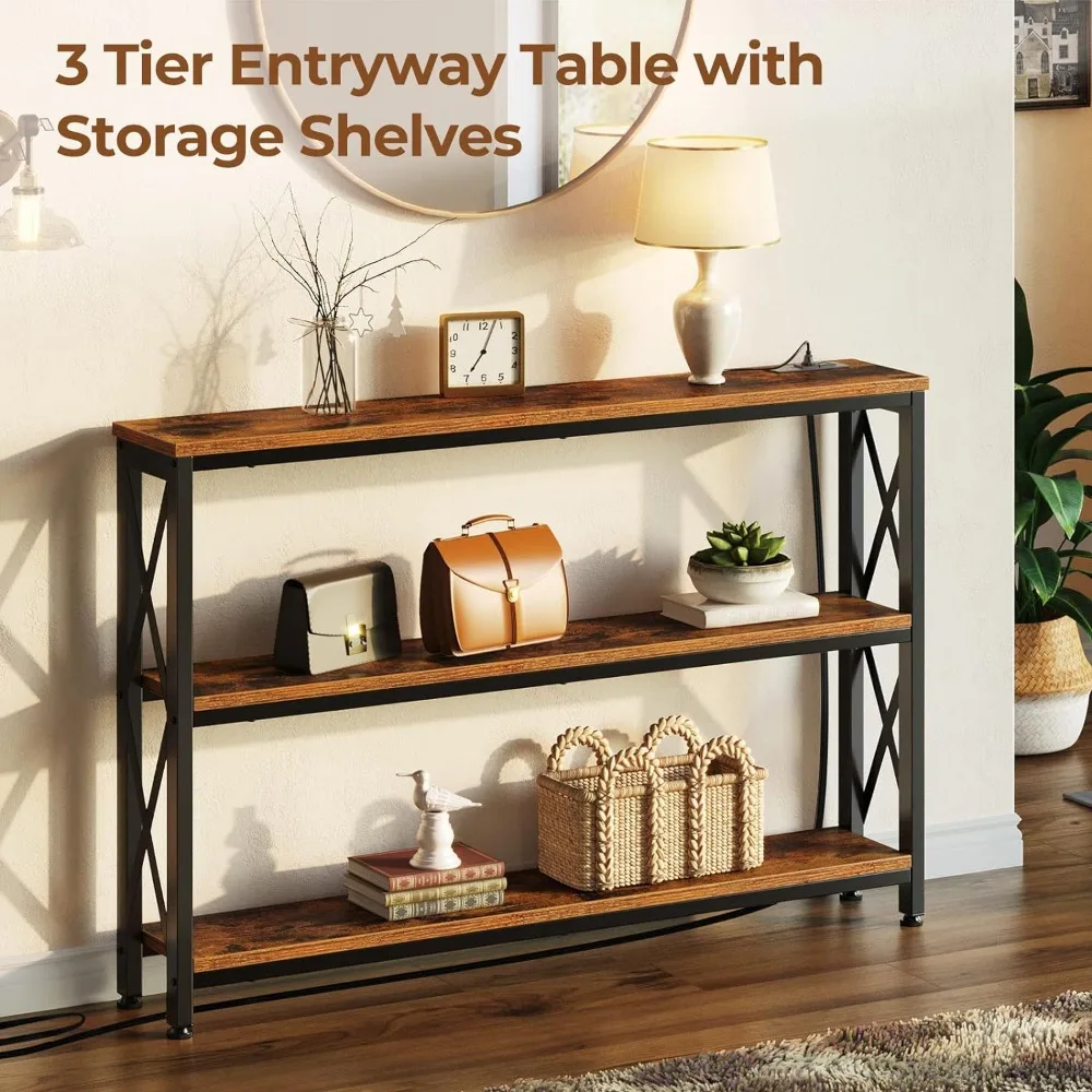 Sofa Table with Charging Station, 3 Tier Narrow Console Storage Shelf and Power Outlet, Sofa Table