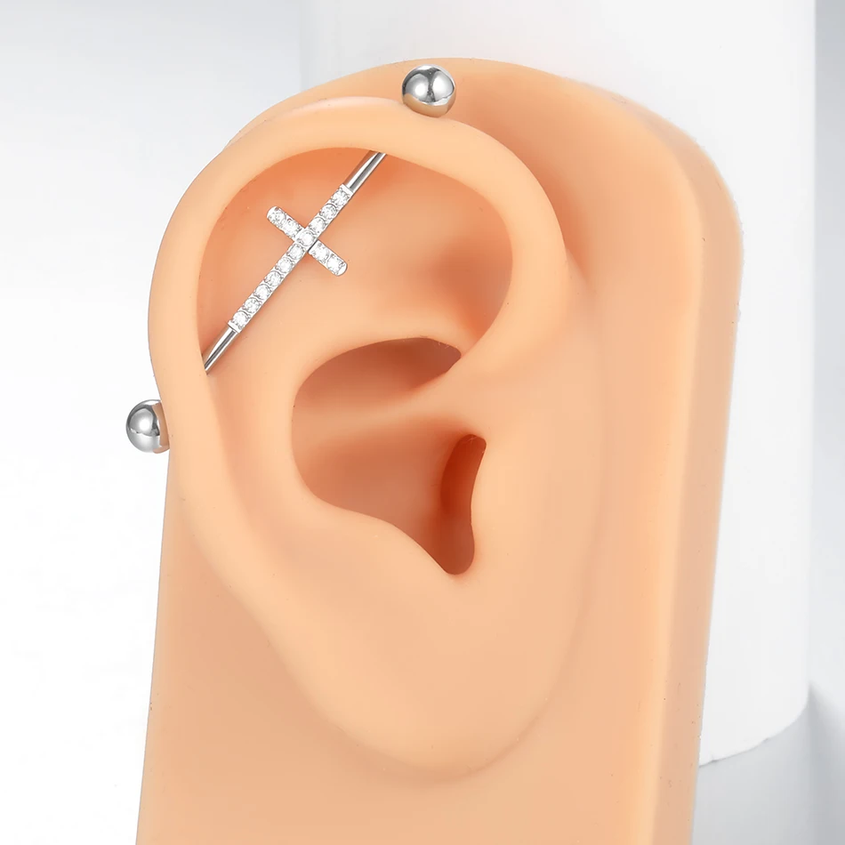 1pc Stainless Steel Cross Zircon Industrial Piercing Externally Threaded Barbell Bridge Earring Piercing Body Jewelry