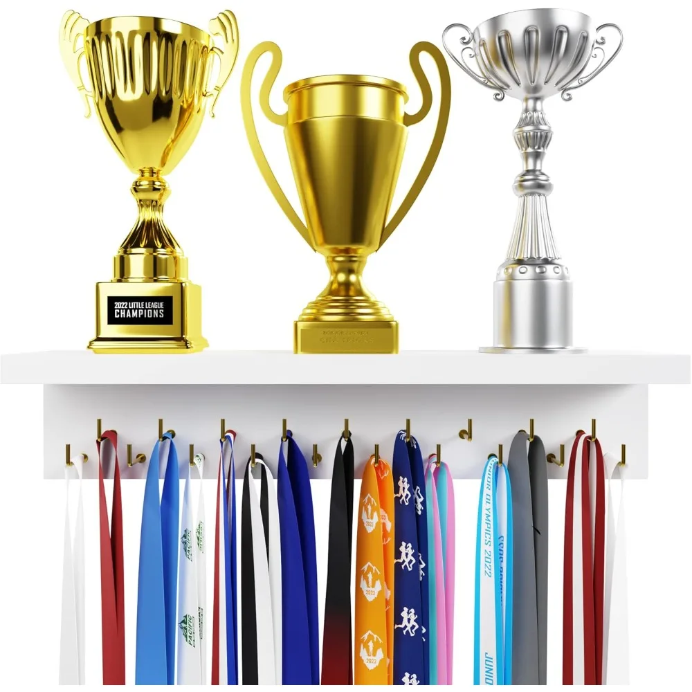 Medal Hanger Display and Trophy Shelf with Hooks - Wooden Medal Holder for Wall Mount Ribbon Display