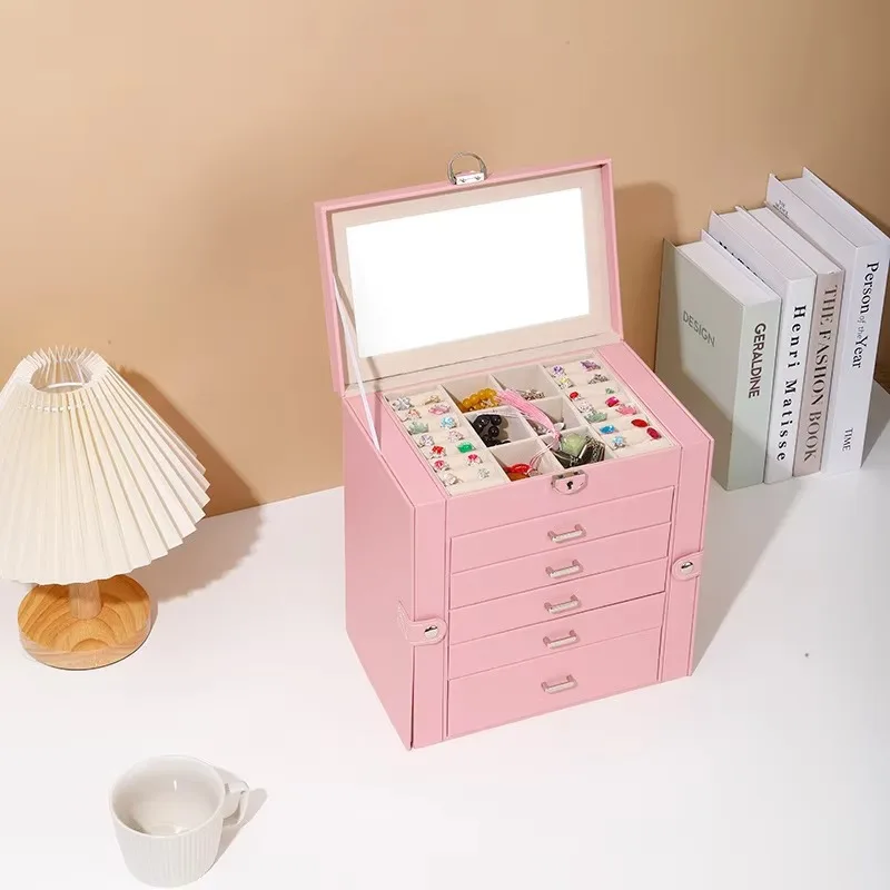 Scatole portaoggetti per trucco multifunzione in pelle PU impermeabile Scatola portaoggetti per esposizione di gioielli cosmetici a 5 strati