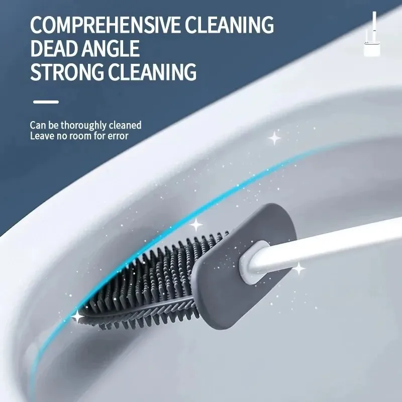 Toilet Cleaning Closestool Brush and Wall Hanging Brush Holder Long Handled Silicone Water Proof Quick Drying Soft Bristles