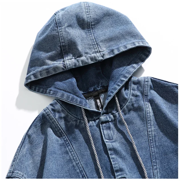 2024 spring new men\'s hoodie Japanese retro denim half jumper neutral casual hooded coat men size 2XL