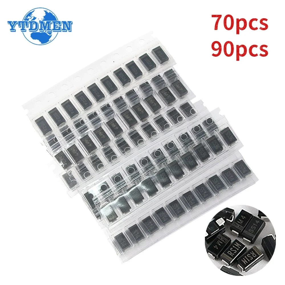 70pcs/90pcs SMD Diodes 1N4007 M7 1N4001 M1 1N4004 M4 SS14 US1M RS1M SS34 SS16 SS26 SS36 Electronic Kit Schottky Diode Set Pack