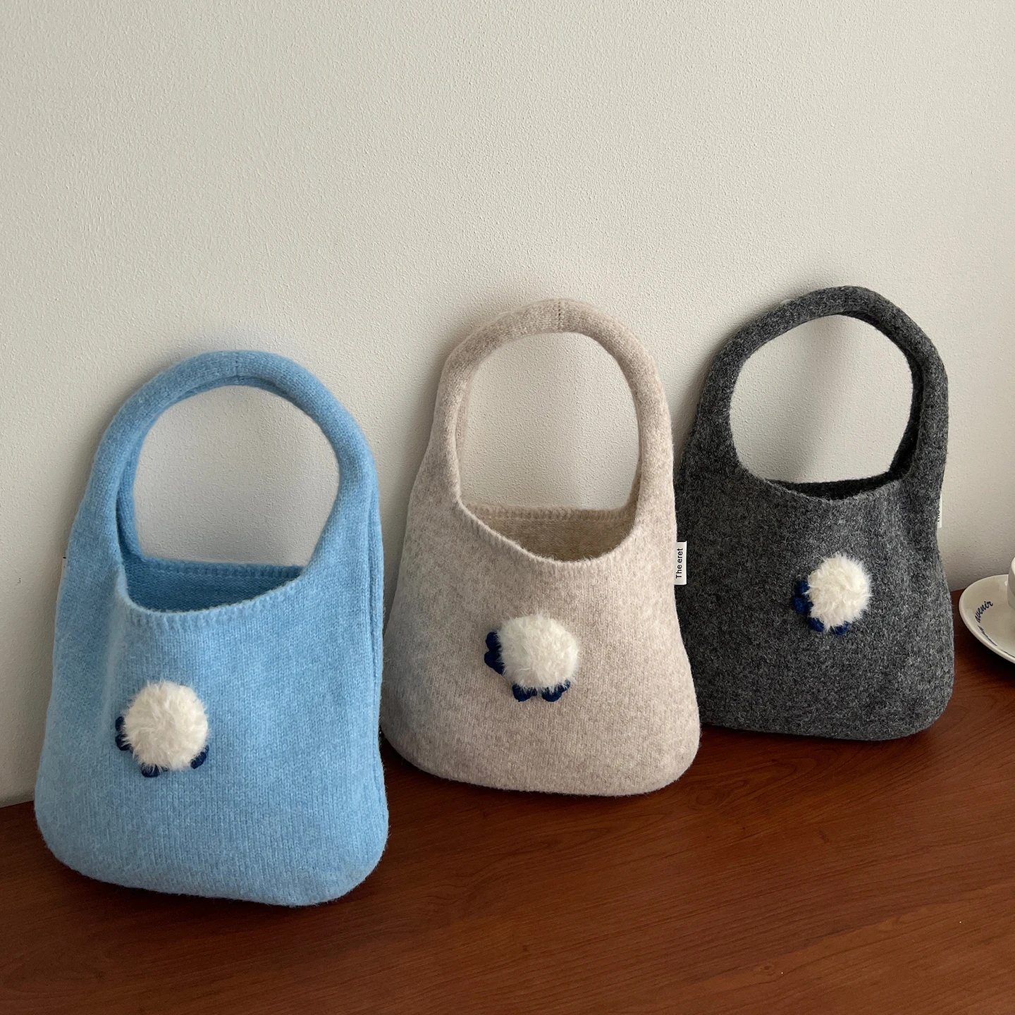 

Korean Cute Knitting Handbag Solid Soft Large Capacity Casual Handle Bags Fluffy Hairball Shopping Versatile Knits Tote Pack