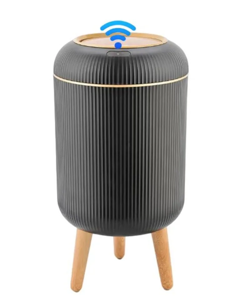 

Smart Automatic Sensor Trash Can, Black Vertical Ribbed Touchless Garbage Bin with Gold Trim & Wooden Tripod Legs for Bathroom Kitchen Bedroom