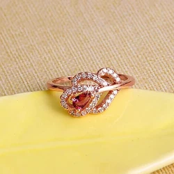 Huitan Rose Gold Color Leaf Rings with Red Cubic Zirconia Gorgeous Women Finger Accessory for Wedding Party Temperament Jewely