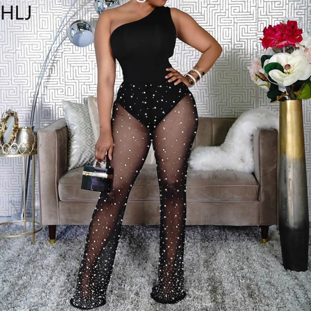 

HLJ Black Sexy Mesh See Though Pants Two Piece Sets Fashion One Shoulder Sleeveless Bodysuits And Pants Outfits Fashion Clubwear