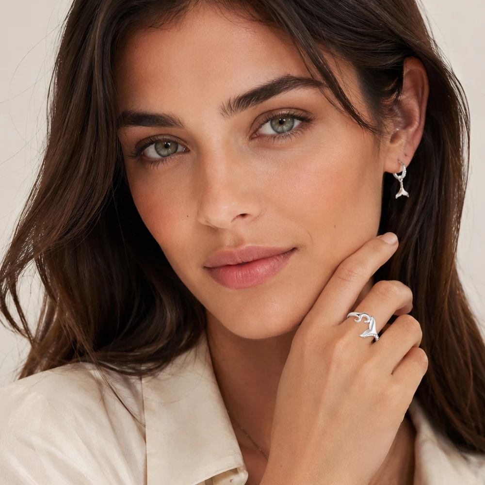 Ring Tail Fin And Wave With Blue Stones Brand New Trendy Fine Jewelry Solid 925 Strerling Silver Lucky Gift For Women