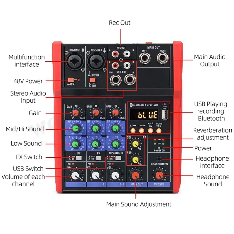 Mini Dj Mixer with  UHF Wireless Microphone 4 Channel Four-Channel Audio Bluetooth USB 48V Phantom Power Suitable Recording