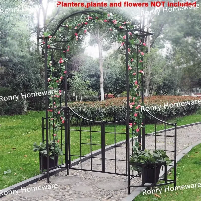 Modern Style Decorative Black Powder Coated Round Steel Garden Arbor Trellis with Gate Fence Planter Holders for Climbing