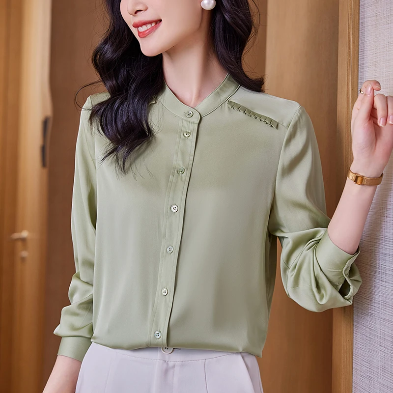 

Real Silk Women's Shirt Spring Autumn Elegant Fashion Shirts and Blouses for Women Long Sleeve Tops Office Lady Solid Blouse