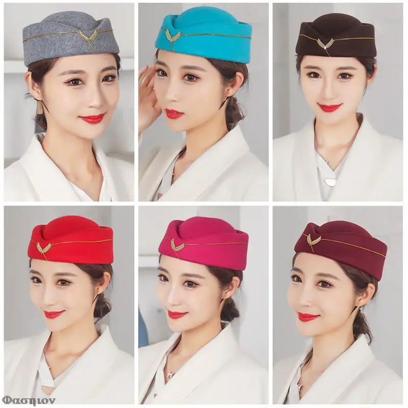 Elegant Stewardess Uniform Hats Women Wool Felt Berets Hat Cosplay Costume Role Play Prop for Women Fedoras Airline Formal Cap