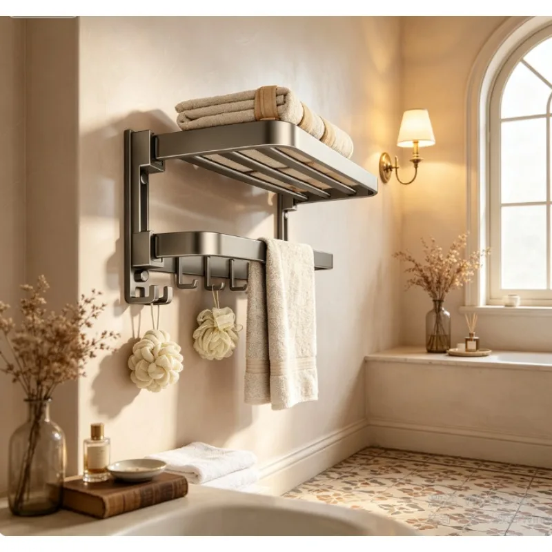 Bathroom Towel Rack, Adhesive Wall Mount, Rustproof Stainless Steel, Large Capacity Baskets for Shower & Toilet Storage