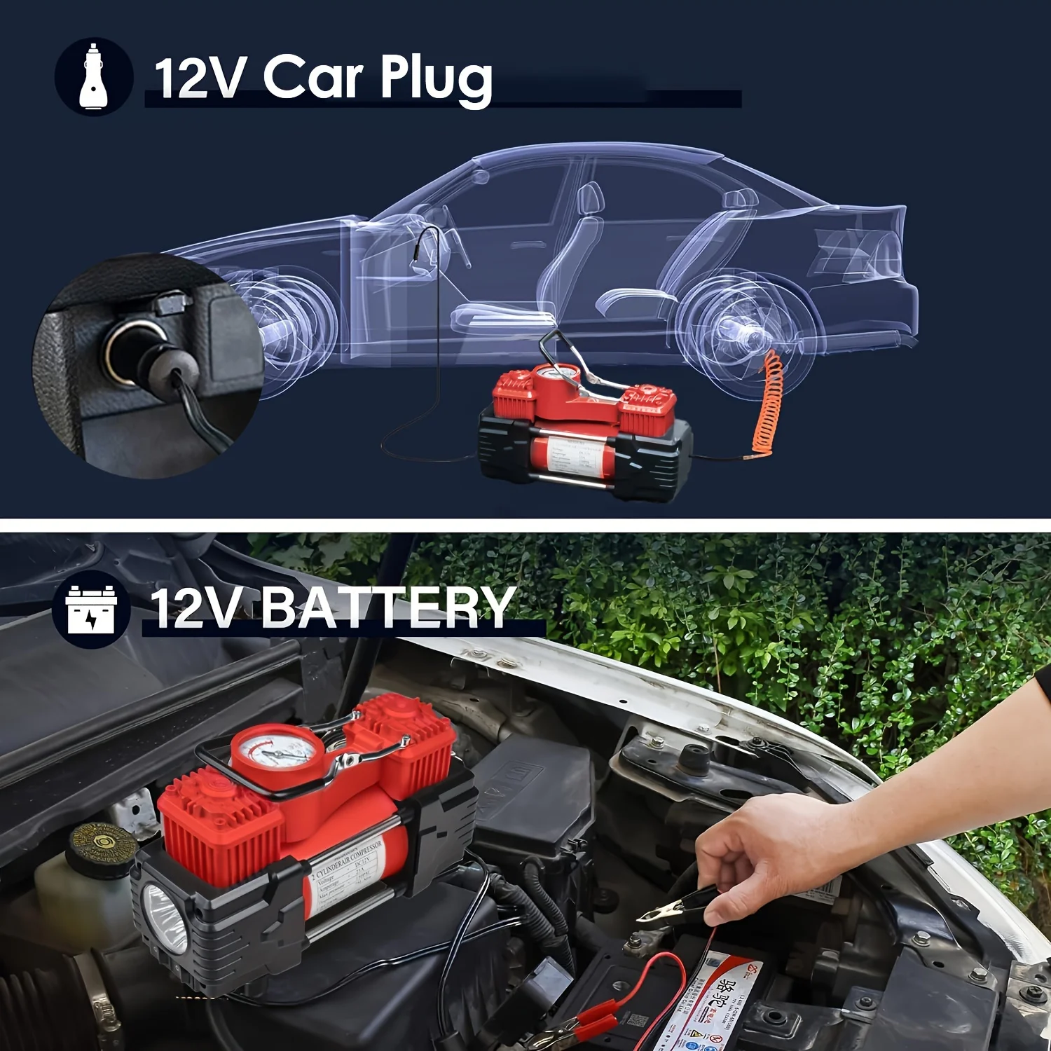 Twin Cylinder Air Compressor 12V Portable Heavy Duty Tire Inflator with Accurate Gauge Emergency Light Car Pump for Vehicle, Bic - Image 5