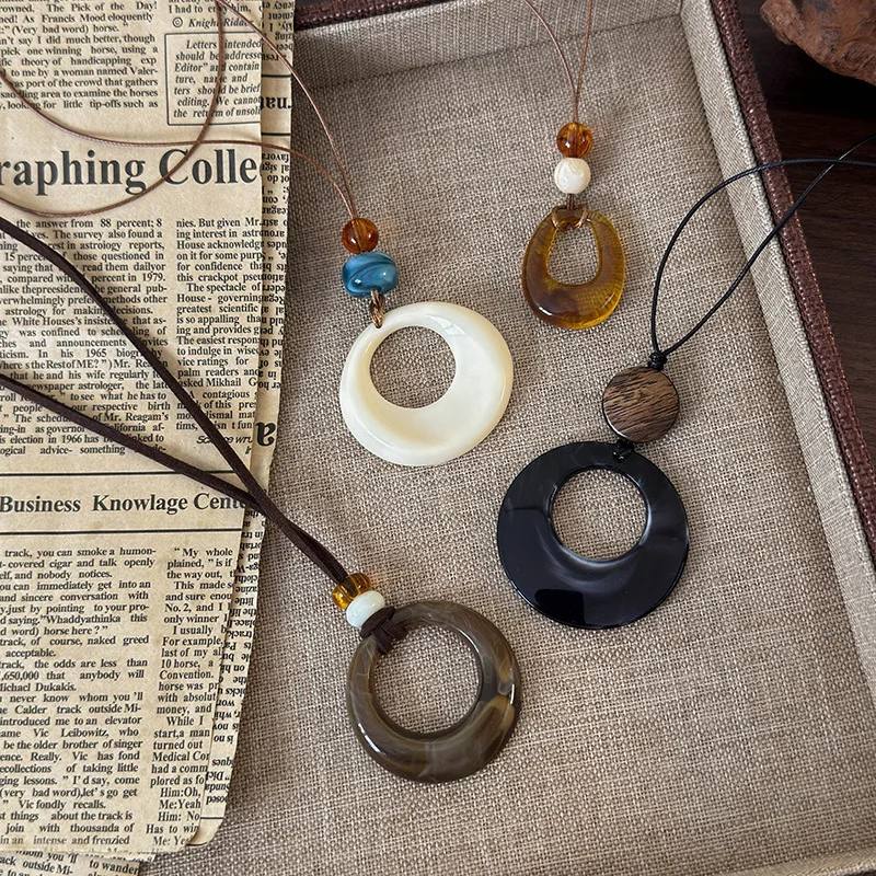 Pendant Necklace Black Cord Round Circle Long Chain Chinese Inspired Ethnic Style for Hoodie Sweater Unique Sophisticated Chic