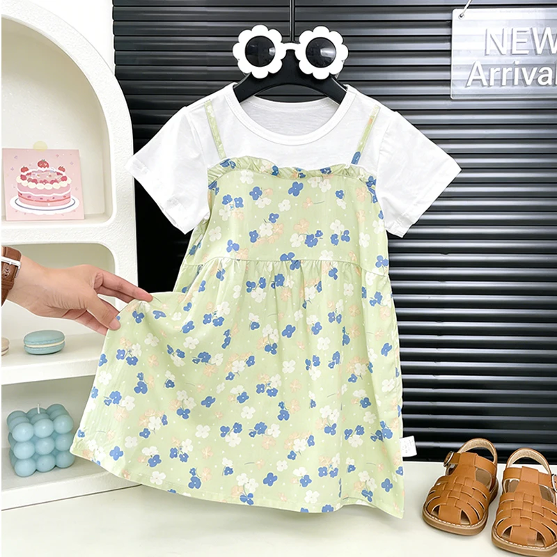 Girls' Short-Sleeved Dress 2026 Summer New Baby Girl Fake Two-Piece Shoulder Strap Fashionable Floral Princess Skirt