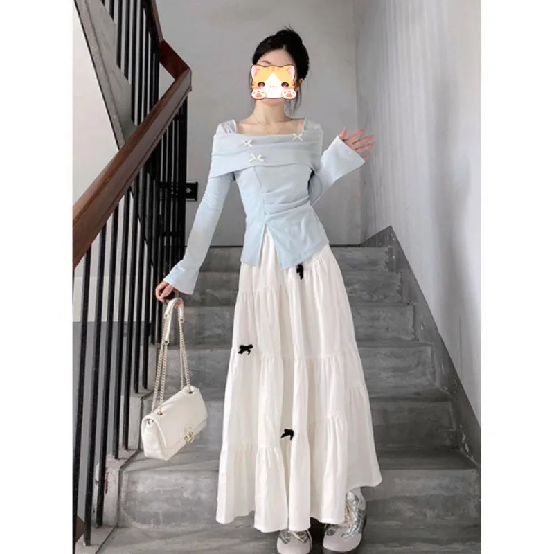 French Gentle Style Butterfly Knot Design Long Sleeve Split High Waist Slim Fit Midi Skirt And Top Set for Women Autumn Blue