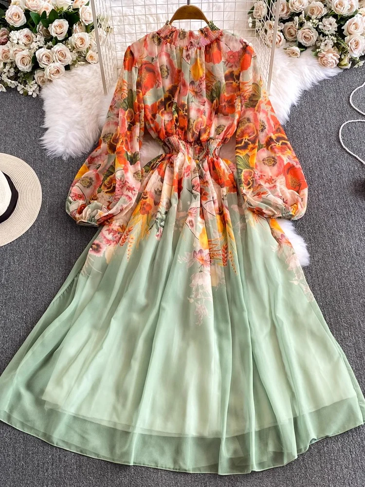 Autumn Women Floral Print Long Dress Elegant Stand Collar Puff Sleeve High Waist A-Line Party Maxi Vestidos Female New Fashion