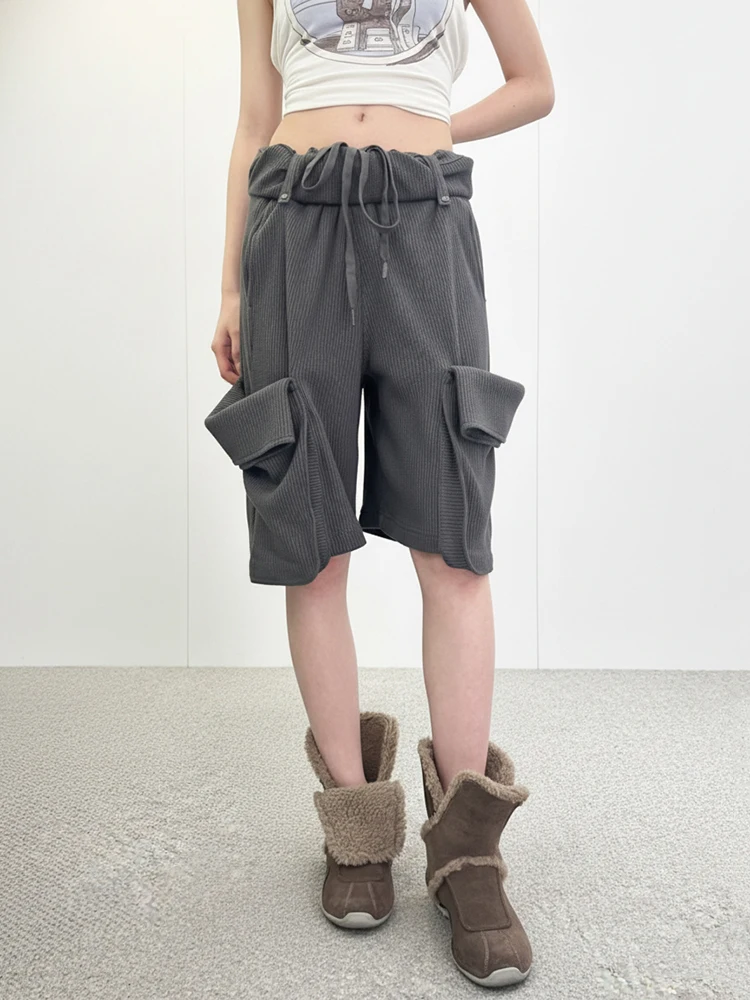 REDDACHiC Gray Grunge Women Bermuda Shorts Alternative Drawstring Rolled Waist Big Pockets Baggy Work Pants Retro Everyday Wear