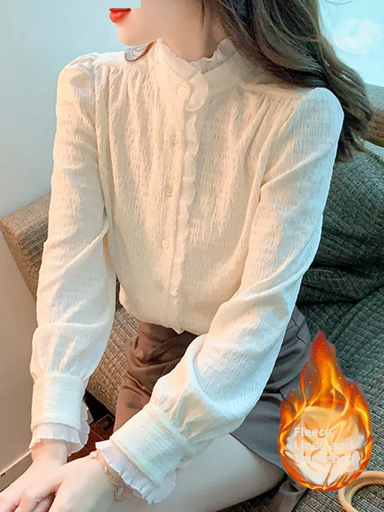 

Женская утепленная блузка с длинным рукавом и воротником-стойкой, модная, для весны, осени и зимы, из шифона, в корейском стиле, свободного кроя.