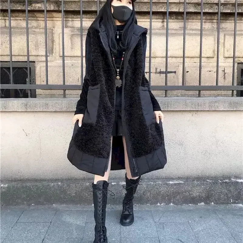 Fashion Hooded Vest Jackets 2025 Autumn Winter Large Size Loose High Waist Medium Long Lamb Wool Stitching Thickened Vests Coat