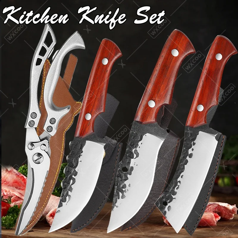 WXCOO Stainless Steel Kitchen Scissor Boning Knife Hand-forged Meat Cleaver Knife Professional BBQ Knife with Cover
