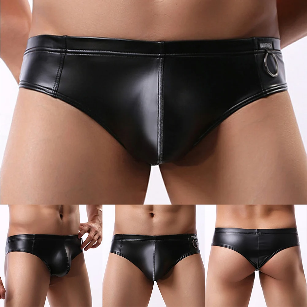 

Mens Sissy Low Waist Briefs Imitation Leather Underwear U Convex Pouch Sexy M L XL Panties Bottoms Nightclub