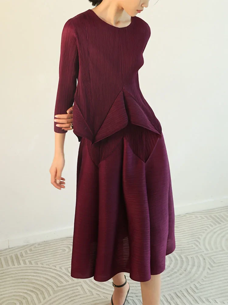 

YUDX Fashion Round Neck Pleated Top + Lantern Skirt 2 Pieces Set High End Female Elegant Clothing 2025 Spring New