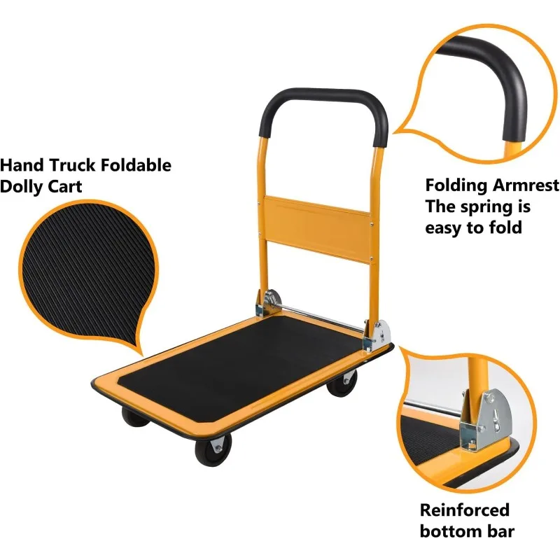 Foldable Push Cart Platform Cart 330lbs Capacity 4 Wheels 28.7x18.5x32.3inches Yellow with 2 Ropes Small Flatbed Cart