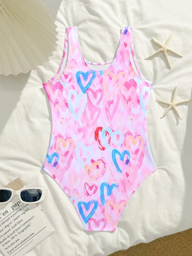One Piece Girl Kids Swimsuit 2026 New Pink Heart Pattern Sling Children Swimwear Summer Bodysuit Beachwear Bathing Suit Swimming
