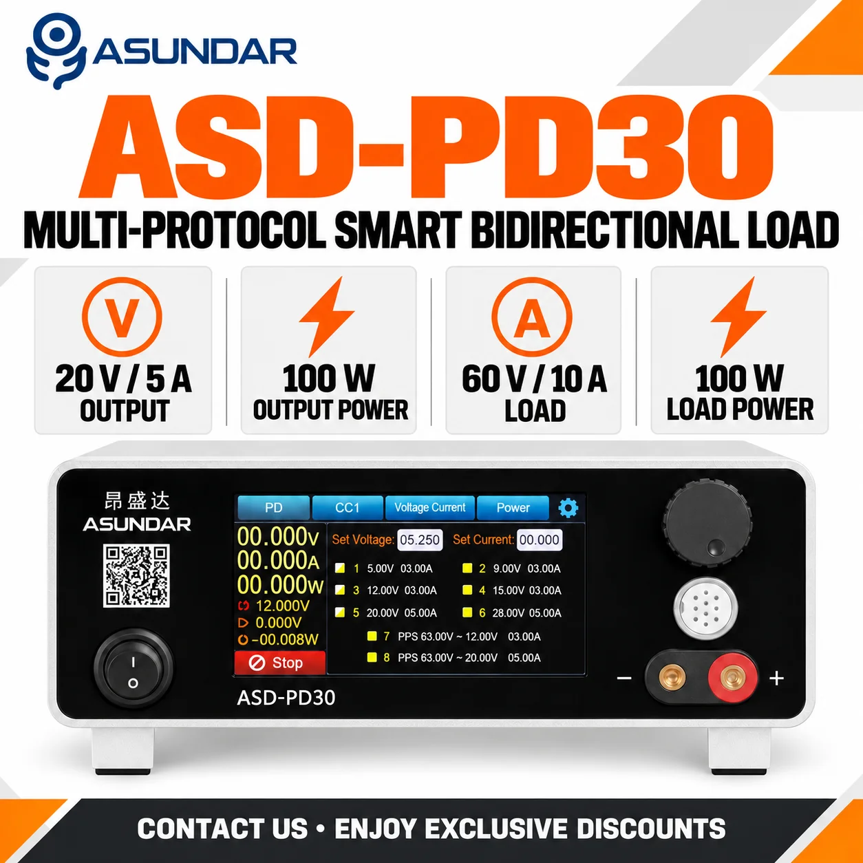 ASUNDAR ASD-PD31/PD30 Bidirectional Programmable DC Power Supply & Electronic Load, PD3.1/PD3.0 QC Fast Charge Tester, 240W/100W