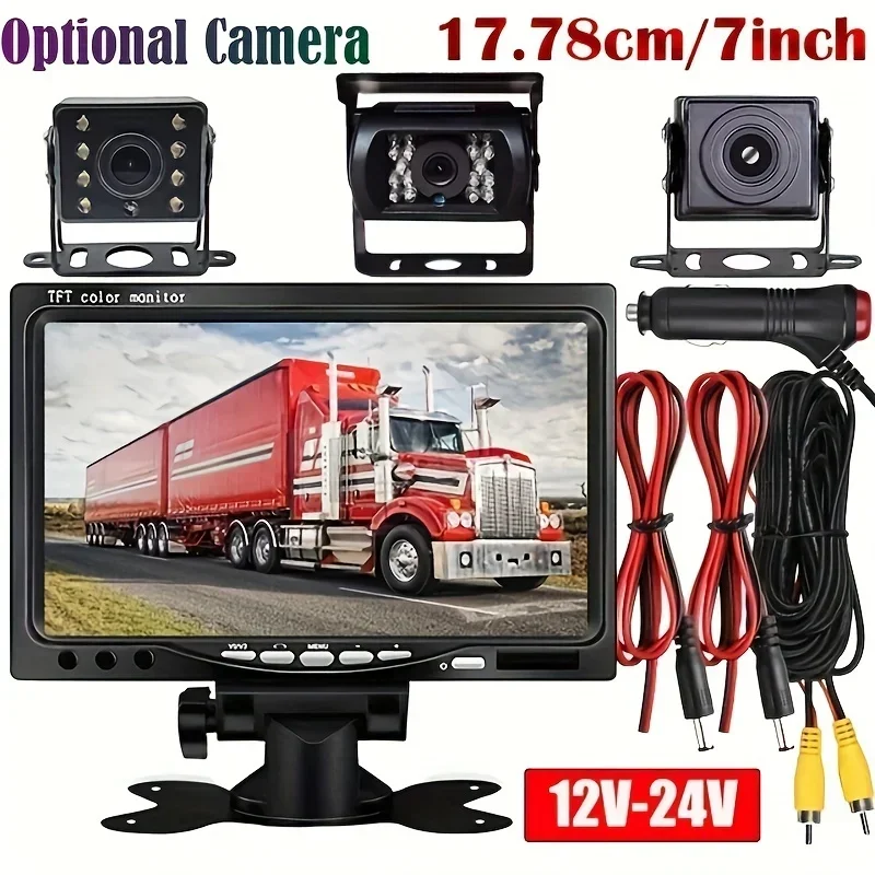 7inch Monitor Backup Camera 12V-24V 18LED IR Rear View Truck Camera HD Display Parking Reverse System Set, for Pickup Van RV