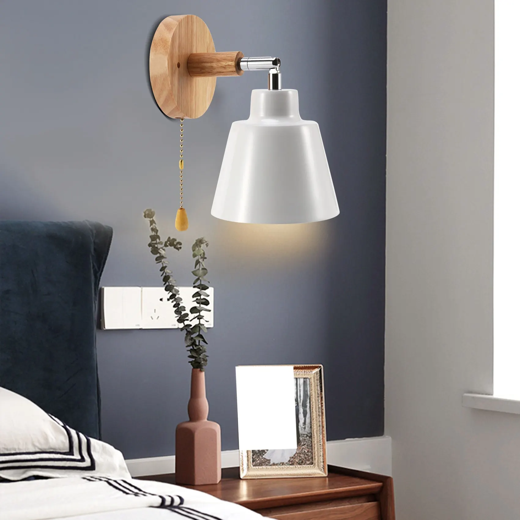 A44Z-Nordic Wooden Wall Lamp Bedside Wall Lamp Sconce Wall Light For Bedroom Corridor With Zip Switch Freely Rotatable